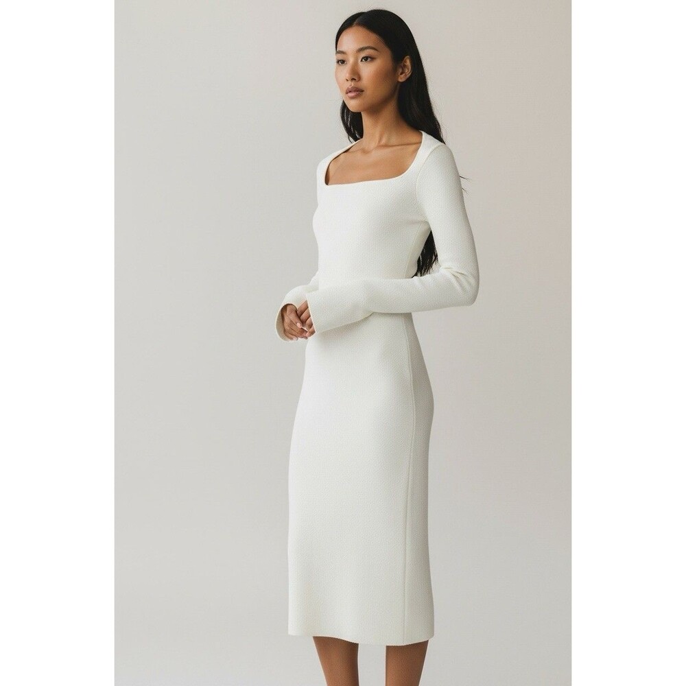 Proenza Schouler Dress M White Textured Square Neck Long Sleeve Mini Designer